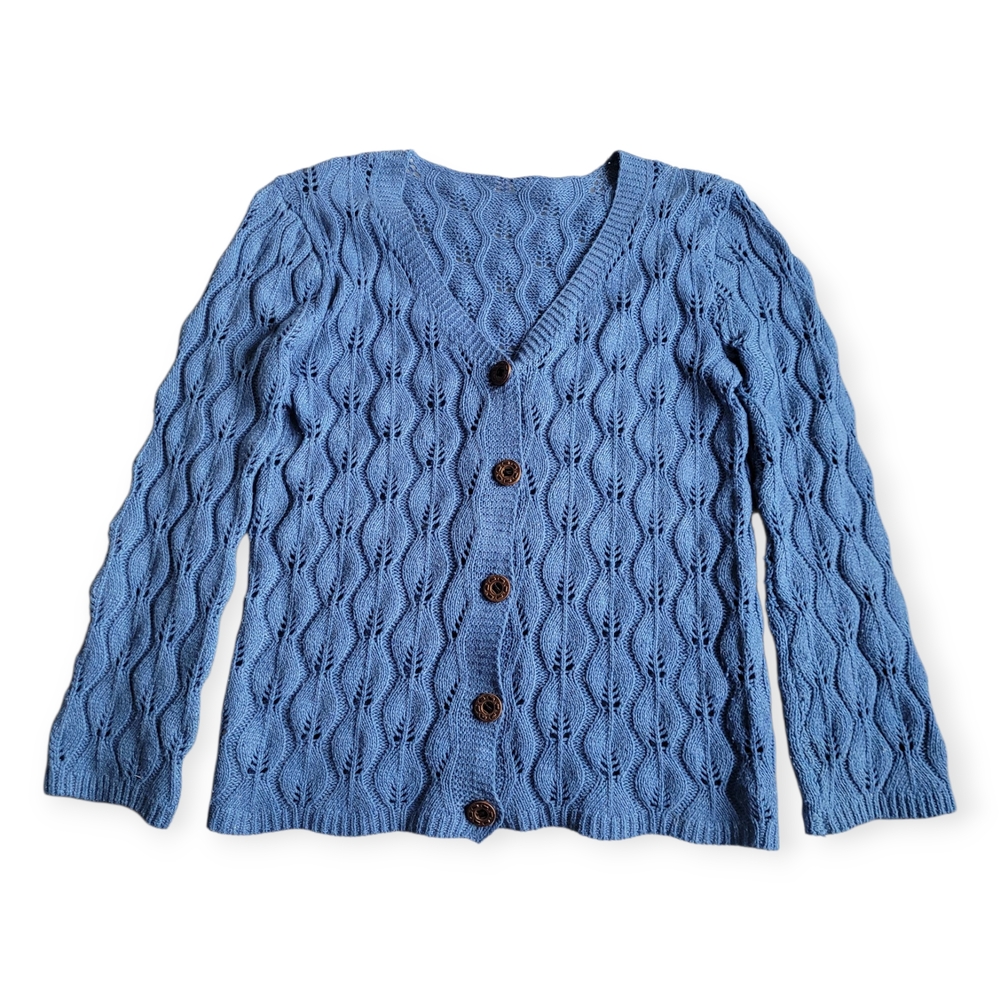 Vintage Style Blue Wool Blend Cardigan Wave Lace Knit Cottagecore Boho Small